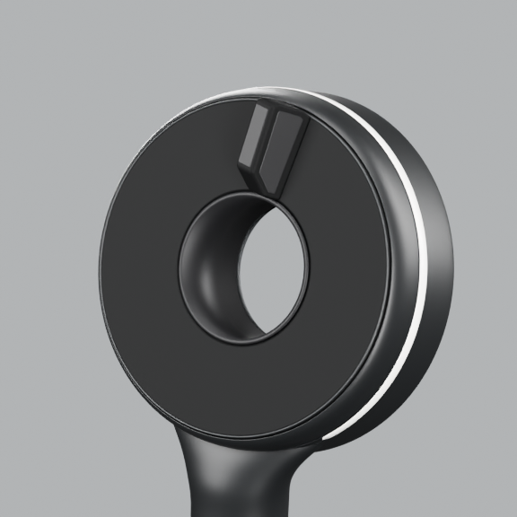 A close look at the circular PureFlow shower head in black